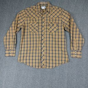 WRANGLER WRANCHER MENS TAN BROWN NAVY BLUE PLAID LONG SLEEVE PEARL SNAP SIZE L